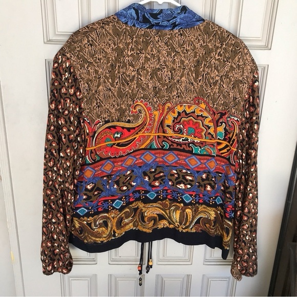 Vintage Boho Carol Little Jacket Multi-Print SzL Shoulder Pads Tie Front Crepe - Picture 4 of 8